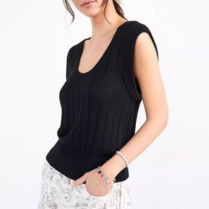 Anthropologie Maeve Banded Knit Tank Black V-Neck Sweater size medium